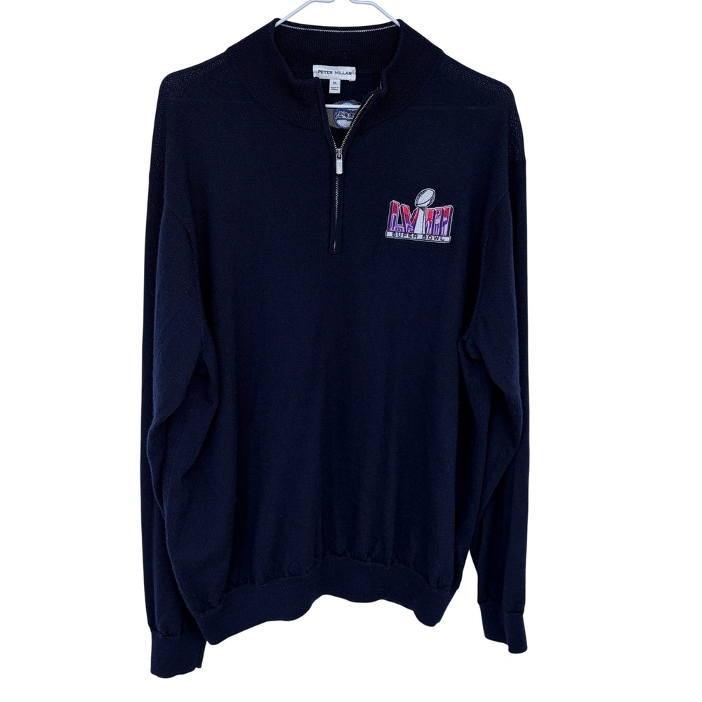 Peter Millar Mens XL Navy 1/4 Zip Super Bowl 58 Sweater Merino Wool Blend NFL